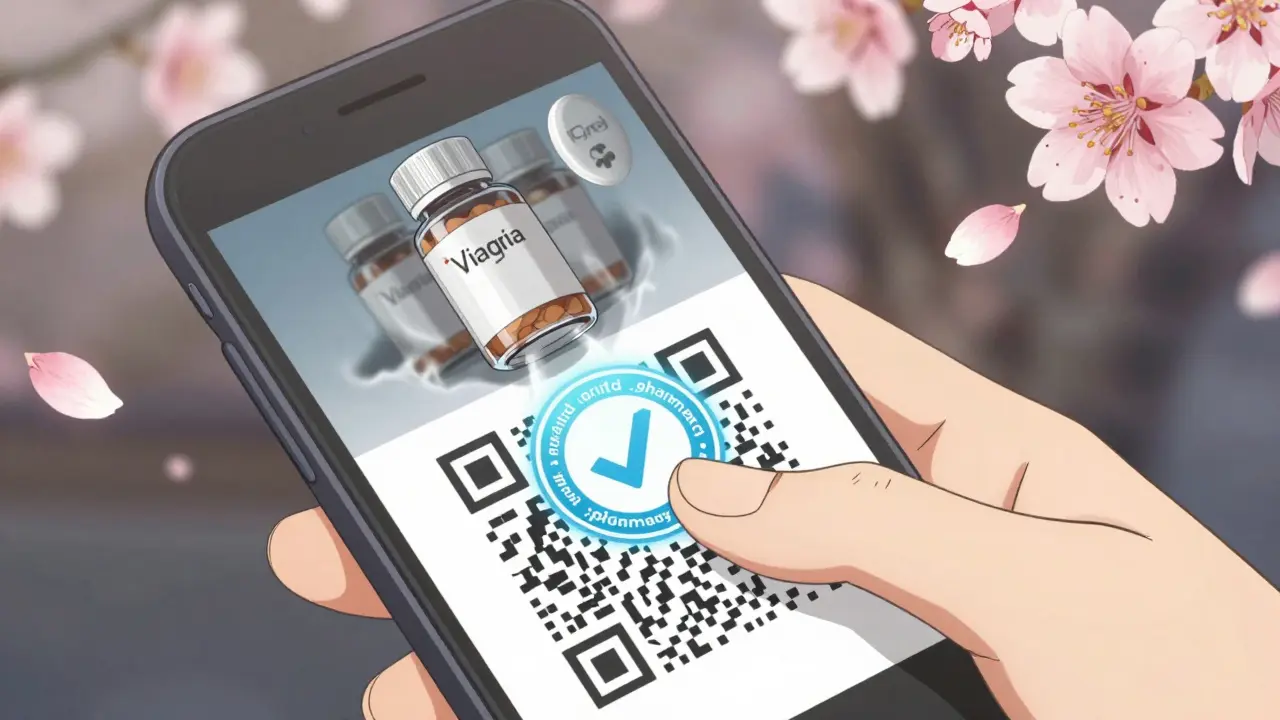 A smartphone scans a QR code that reveals a verified pharmacy seal while counterfeit pills dissolve.
