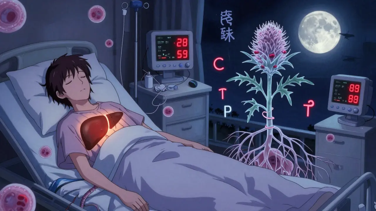 A split scene showing peaceful liver function versus dangerous drug interaction, with milk thistle bridging both realities in ukiyo-e anime style.