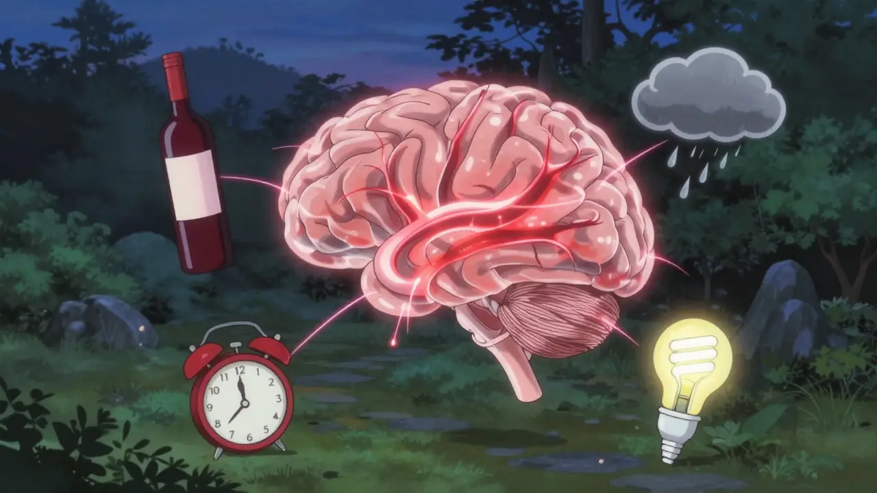 A transparent brain surrounded by floating migraine triggers like wine, storm clouds, and alarms, set against a tranquil garden.