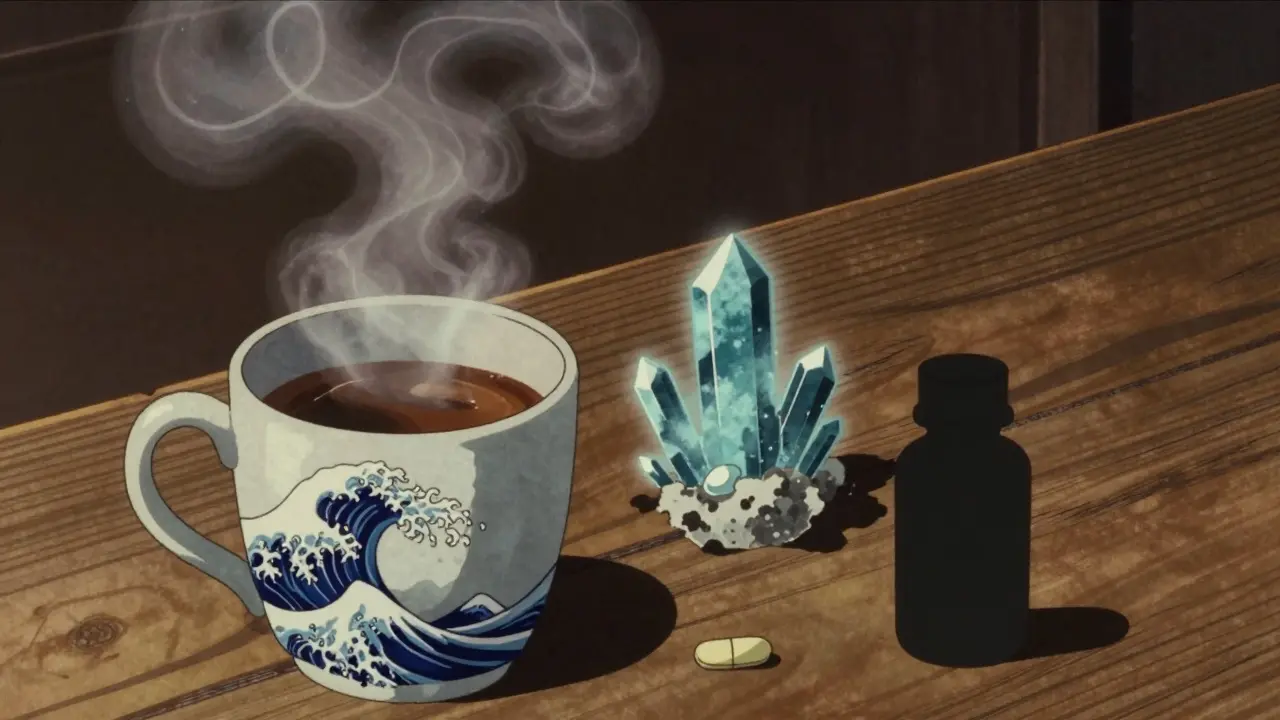 Coffee steam forming barrier waves blocking a pill bottle on table