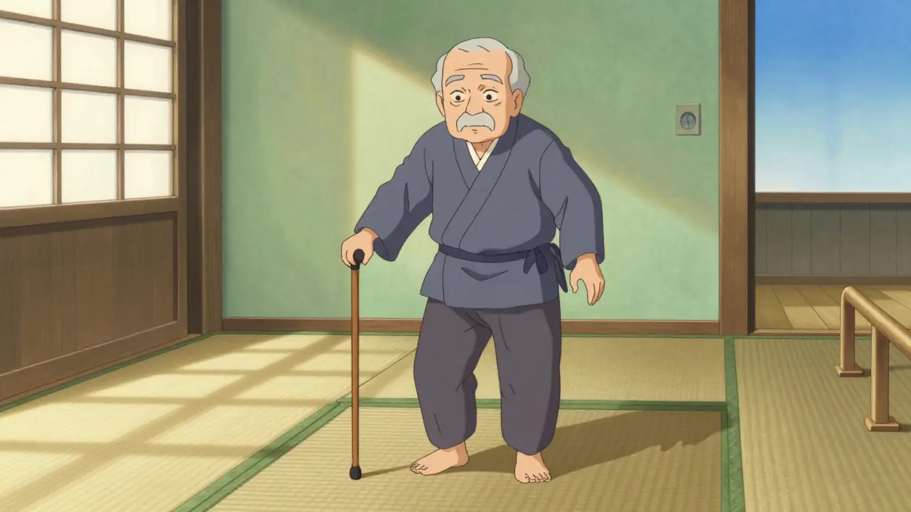 Elderly anime person doing balance exercises in safe home with handrails.