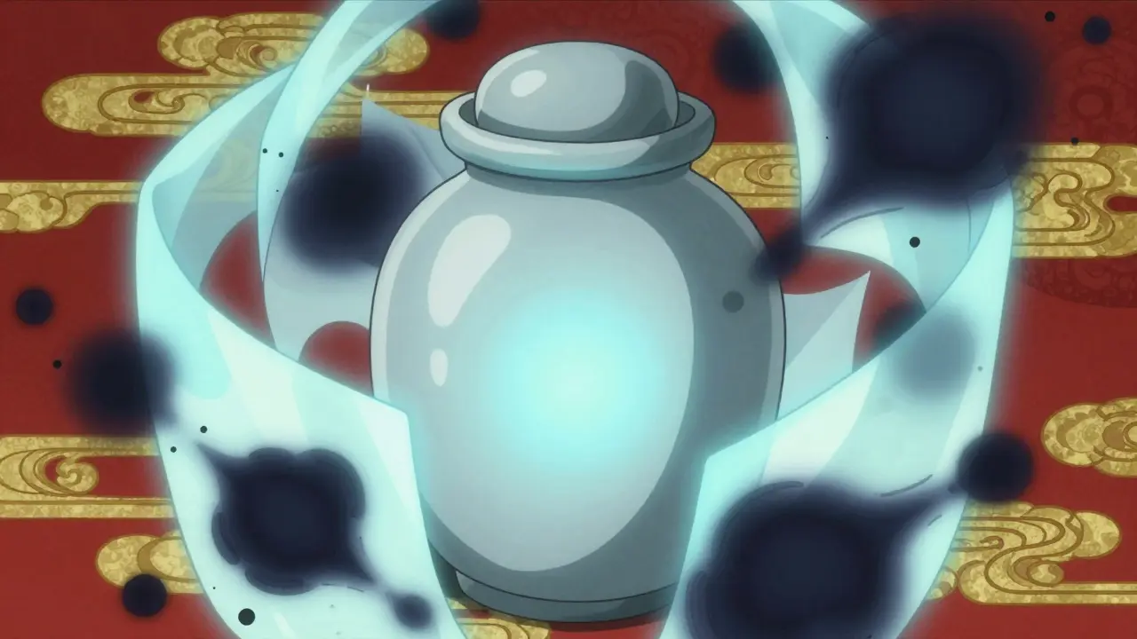 Glowing medicine jar with protective light barriers against shadowy clots.