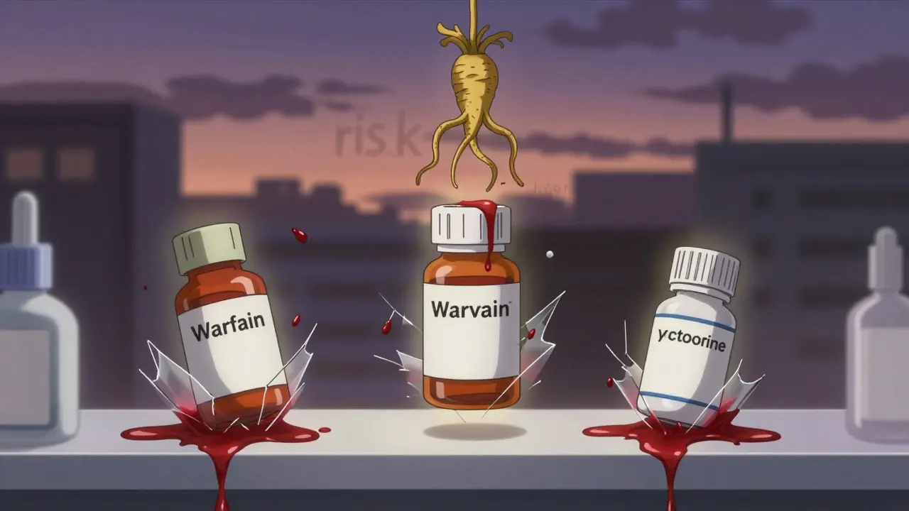 Medication bottles floating with crimson drips, cursed by a hovering goldenseal root against a dusk cityscape.