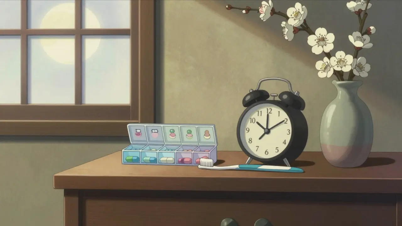 Organized bedside table with pill box and toothbrush in moonlight