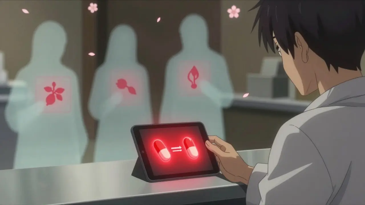 Pharmacist viewing red alert between two drugs, ghostly patient silhouettes with interaction symbols, cherry blossoms falling in background.