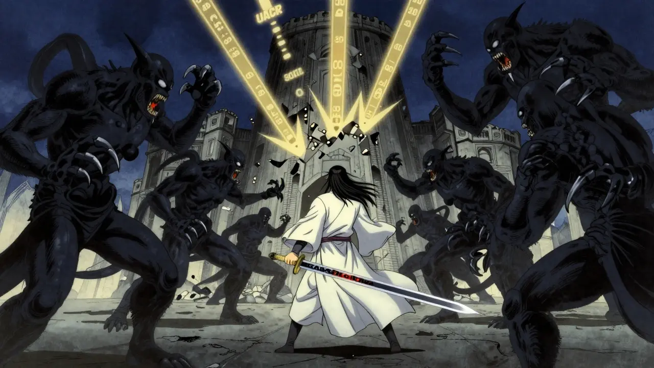 Warrior wielding RAAS blockade sword defeating NSAID monsters, kidney fortress healing as protein levels drop.