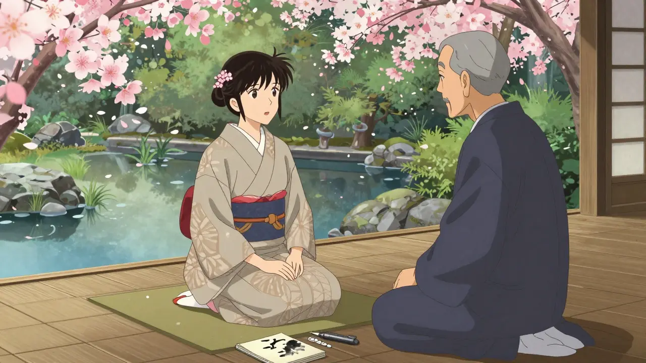 A person in a zen garden with a therapist, representing the combination of medical tapering and CBT therapy.