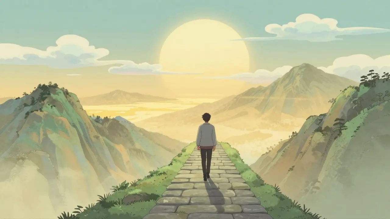 A person walking a winding path down a mountain toward a golden valley, symbolizing a gradual tapering process.