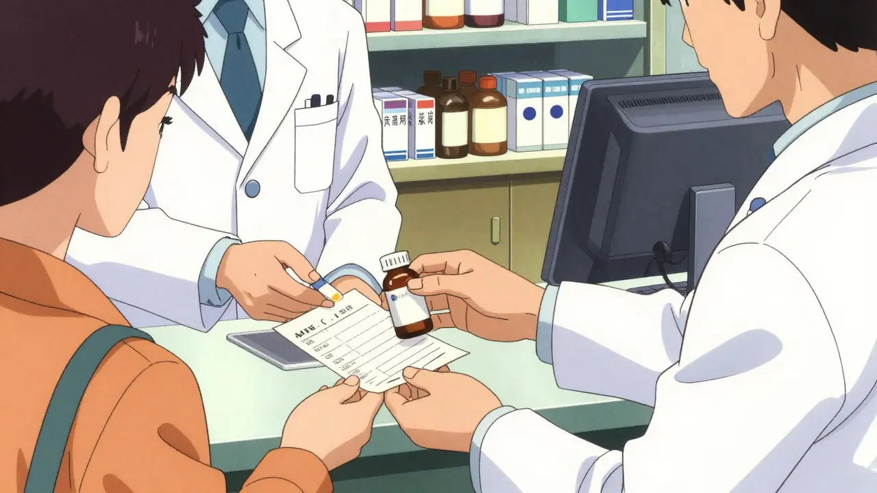 A pharmacist handing over a prescription medication bottle in anime style.