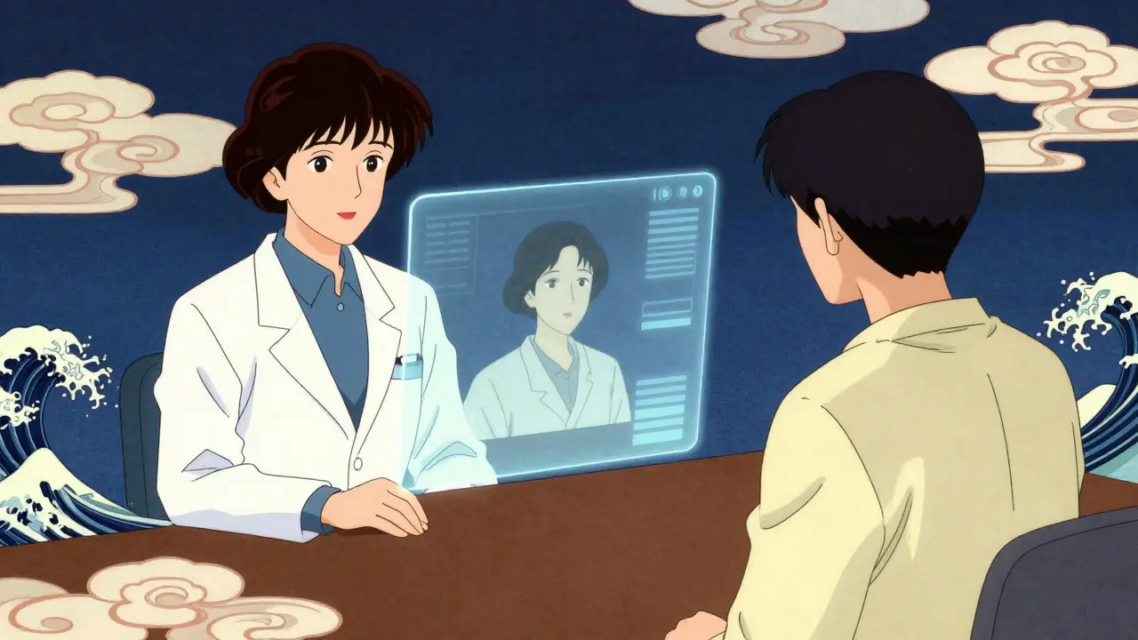A virtual doctor consultation shown in a traditional Japanese anime art style.