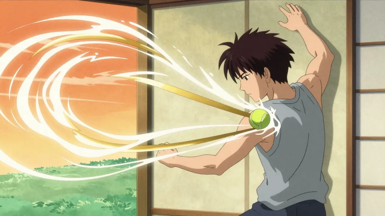 Anime character using a tennis ball against a wall to release a shoulder knot with flowing energy