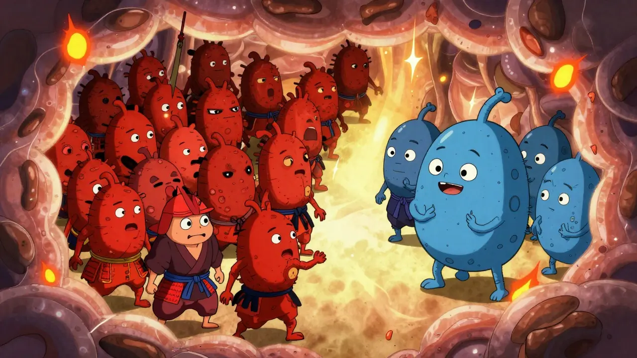 Anime characters as gut bacteria warriors in a Ukiyo-e style intestinal environment.