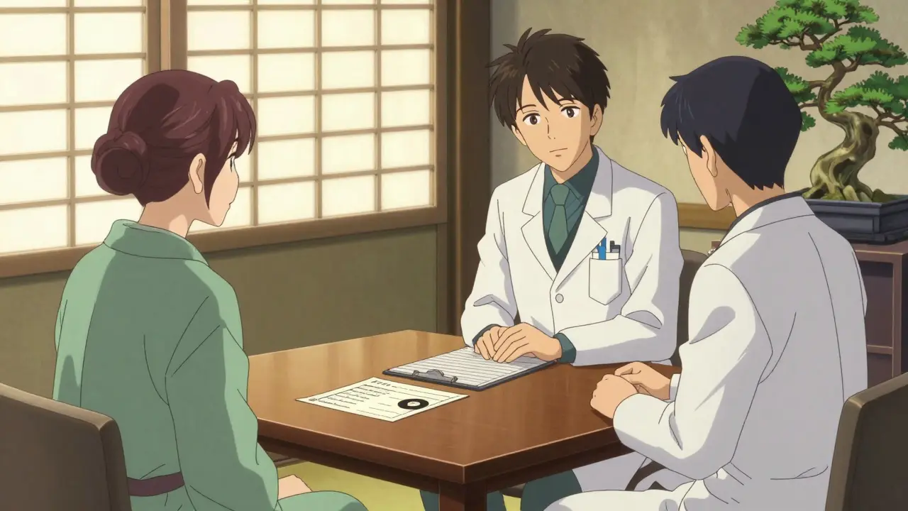 Anime scene of a patient and neurologist discussing a medical diary in a traditional Japanese room.