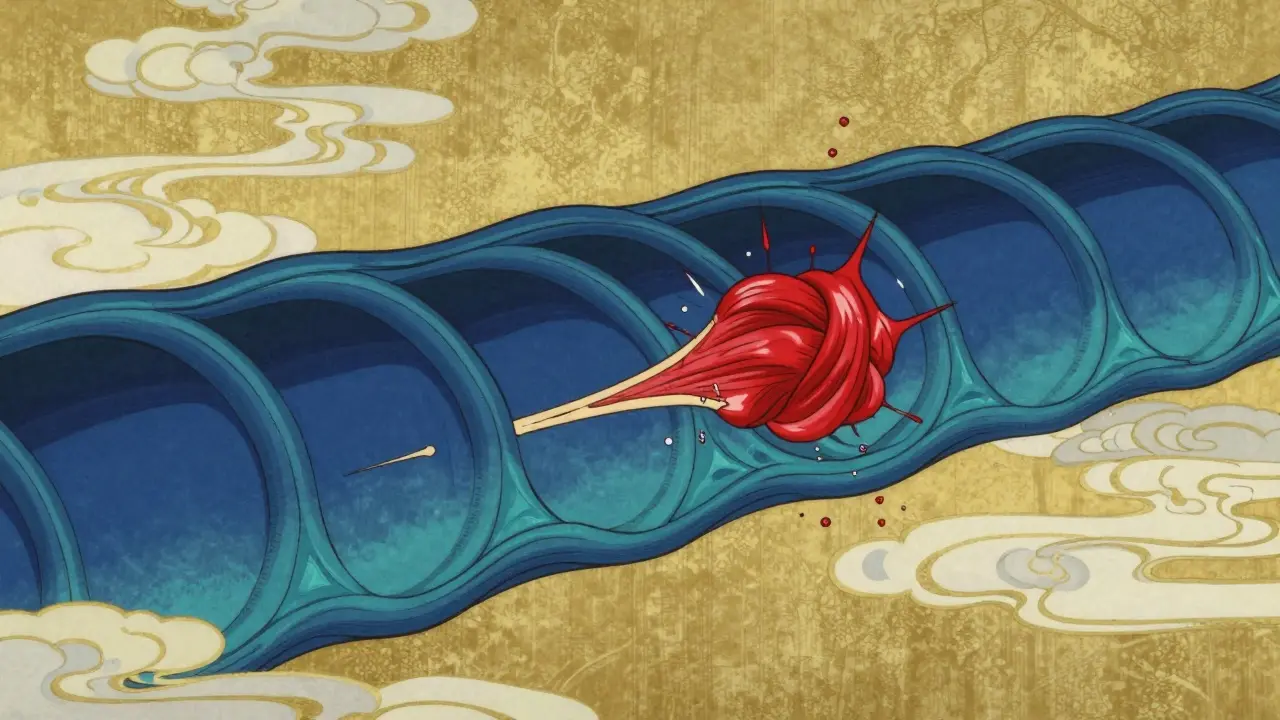 Conceptual anime illustration of a muscle fiber with a jagged crimson trigger point knot