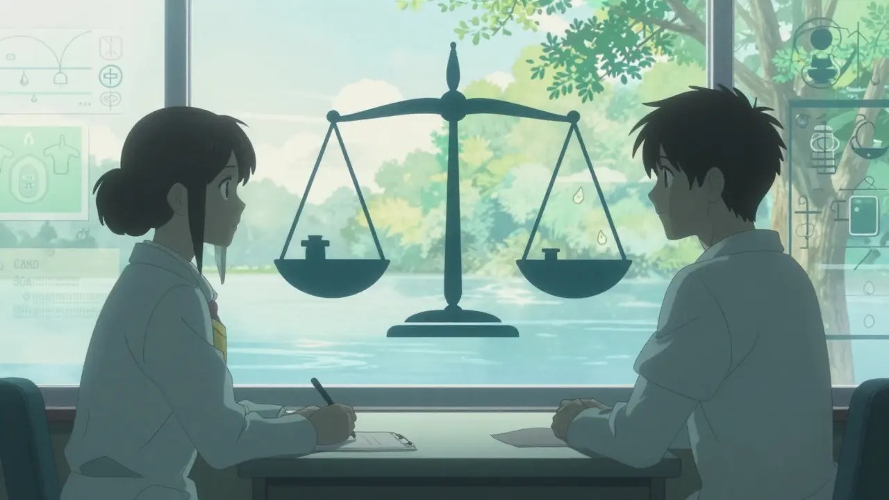 Doctor and patient silhouettes with symbolic balance scales