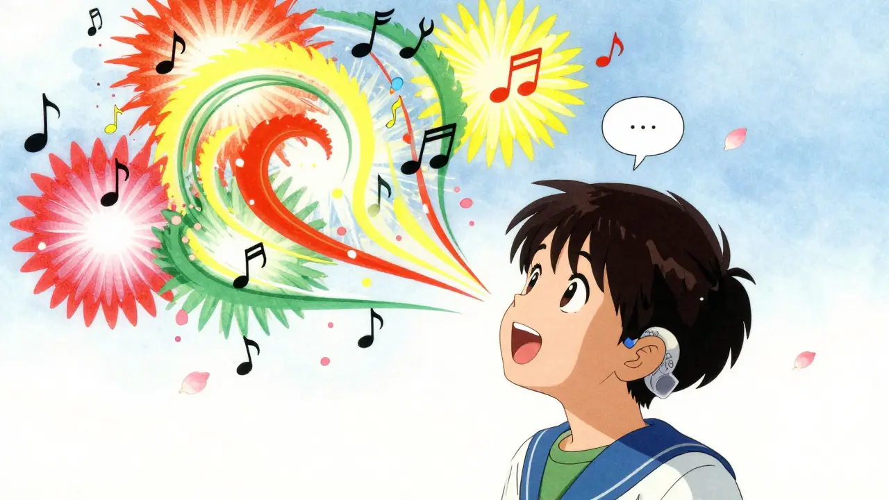Joyful child with a cochlear implant surrounded by colorful floating musical notes
