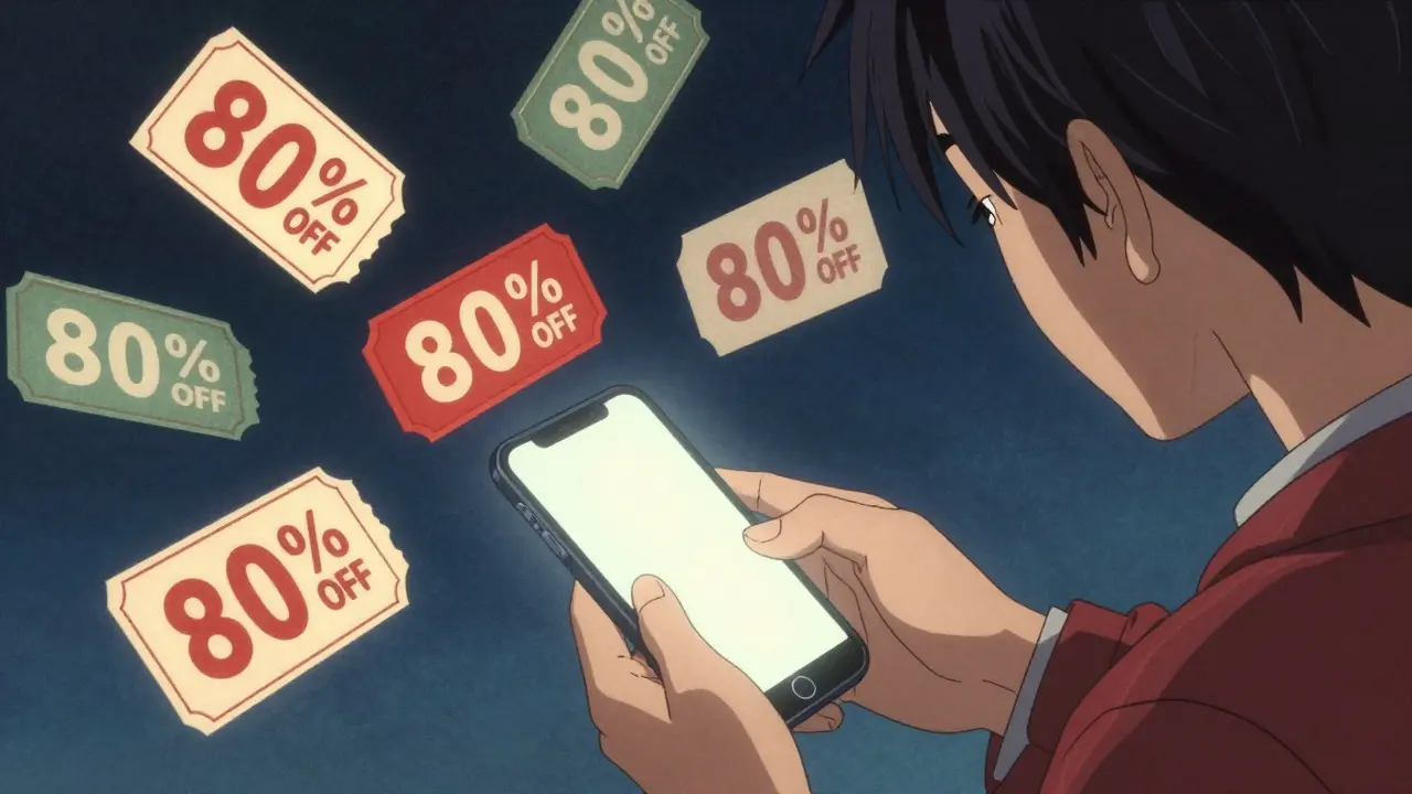 Person using a smartphone to find medicine discounts with floating colorful coupons.