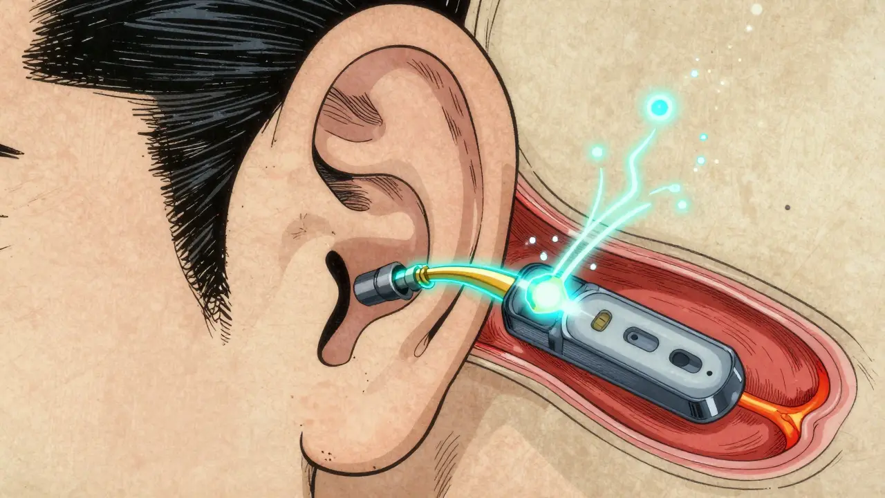 Stylized anatomical view of a cochlear implant sending electrical signals to the nerve
