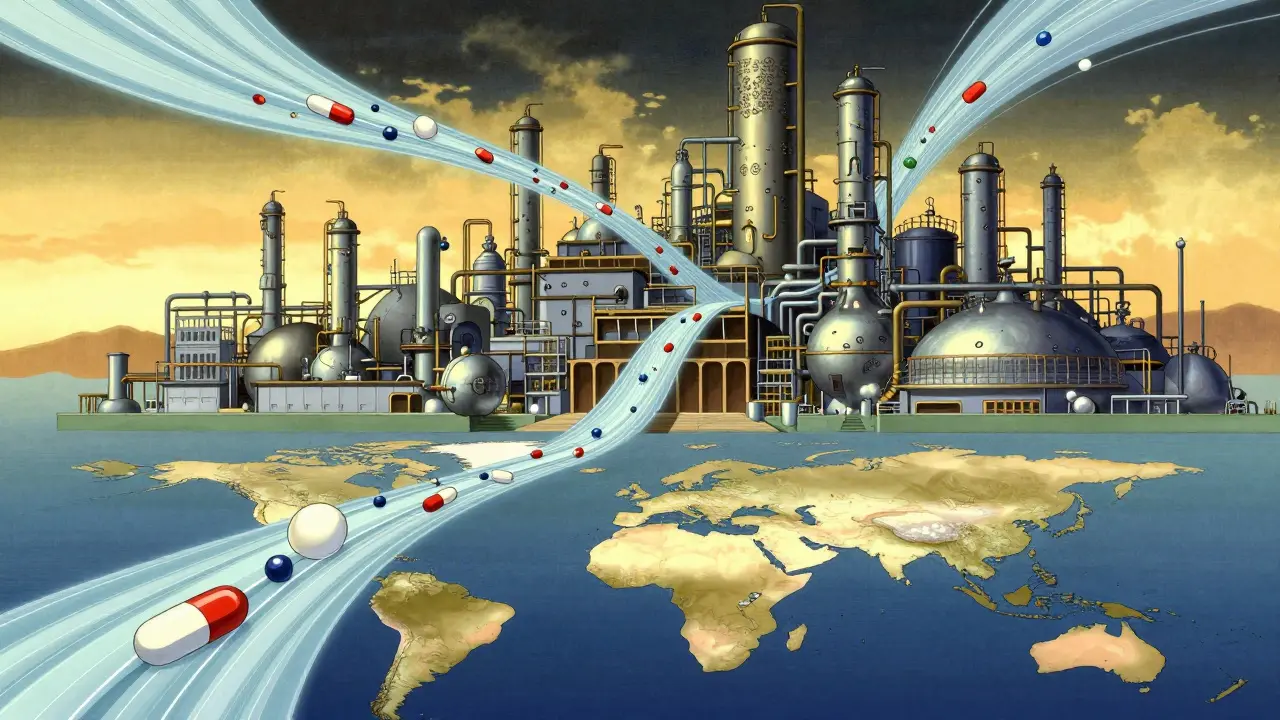 Stylized pharmaceutical factory in India shipping generic drugs globally in anime style.