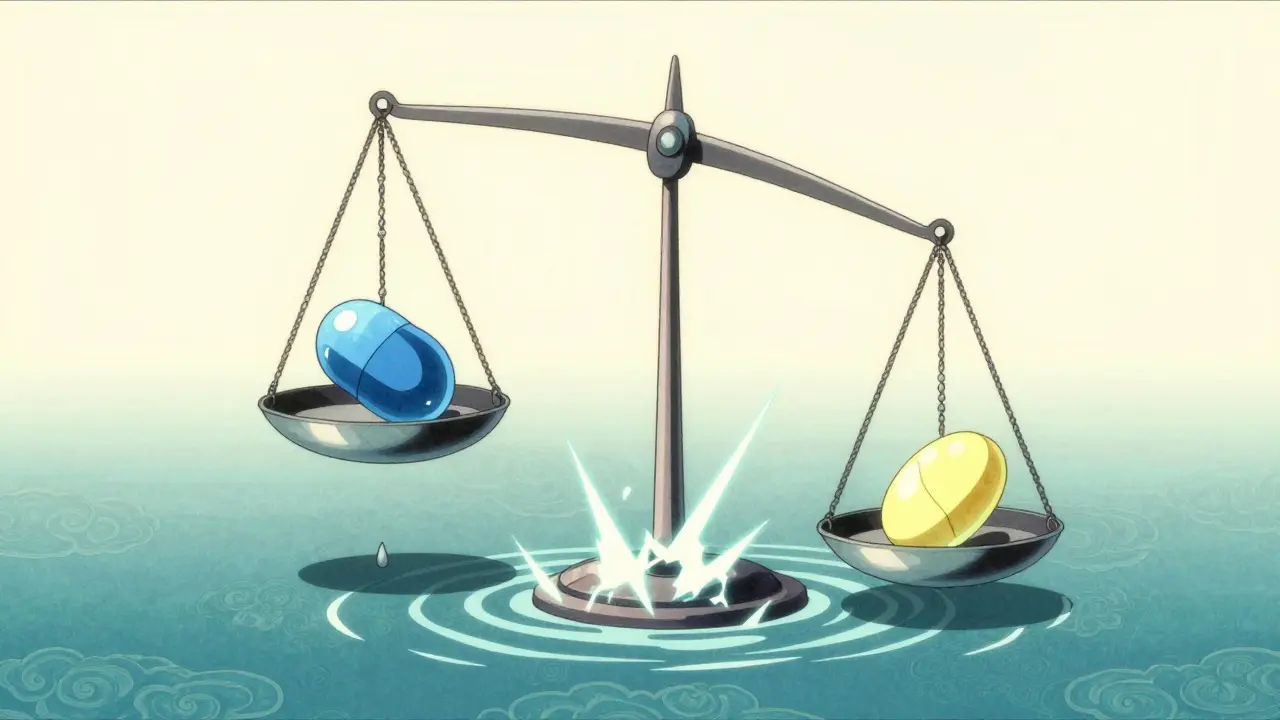 Ukiyo-e anime art of a precarious balance scale with two different colored pills and electric sparks.