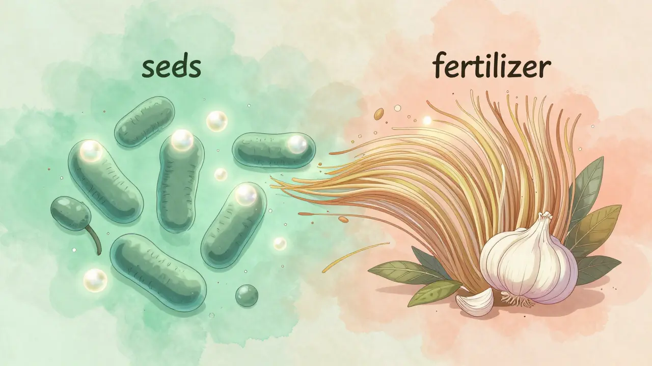 Ukiyo-e anime art of probiotic pearls and prebiotic leaves symbolizing synbiotic harmony.