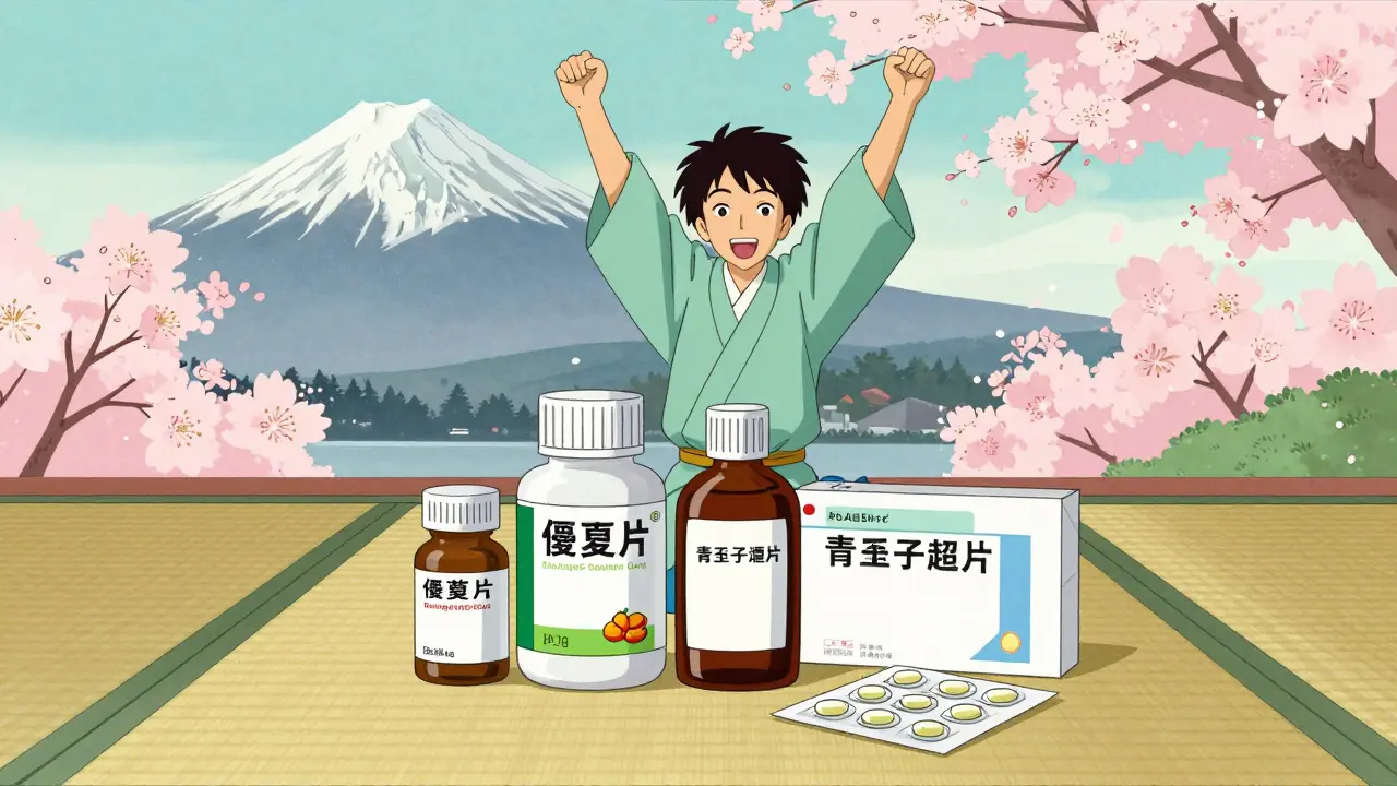 Various forms of generic acetaminophen medicine on a tatami mat with a mountain background.
